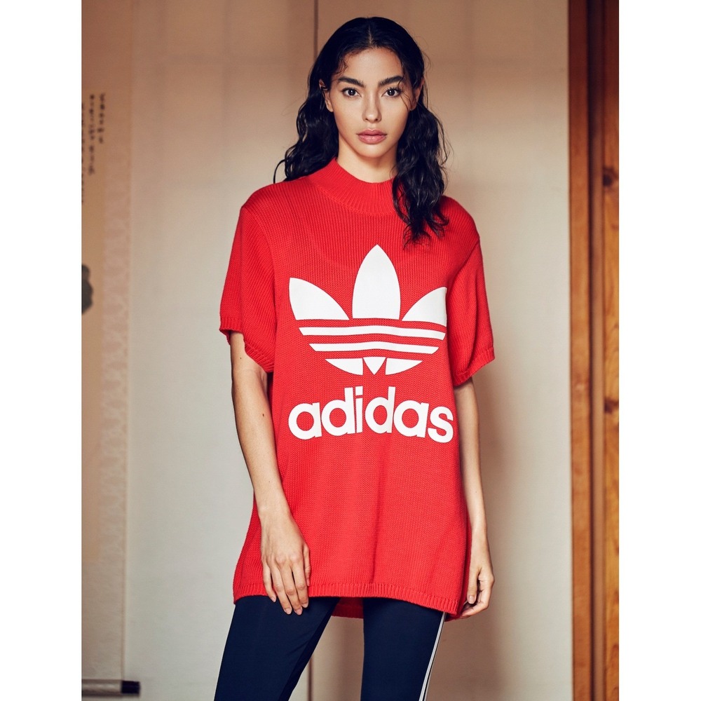 Adidas Red Knit Oversized Logo Sweater M Mockneck Tunic Athleisure NWOT
